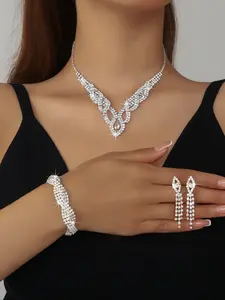 Elegant Rhinestone Jewelry Set for Women, Necklace Bracelet Earrings Trio, Sparkling Crystal Accessories for Parties & Special Occasions