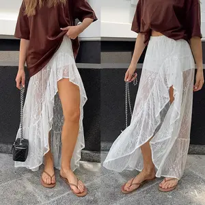 Woman's High Waist Lace Maxi Skirt, Breathable Lightweight Lace Fabric, Built-in Anti-slip Lining, Irregular High Slit, Ruffle Hem, Stretchy, Body Inclusive, Lengthen Legs, Sexy Romantic, Summer Comfort, Beach Vacation, Street Hangout, Date Dinner