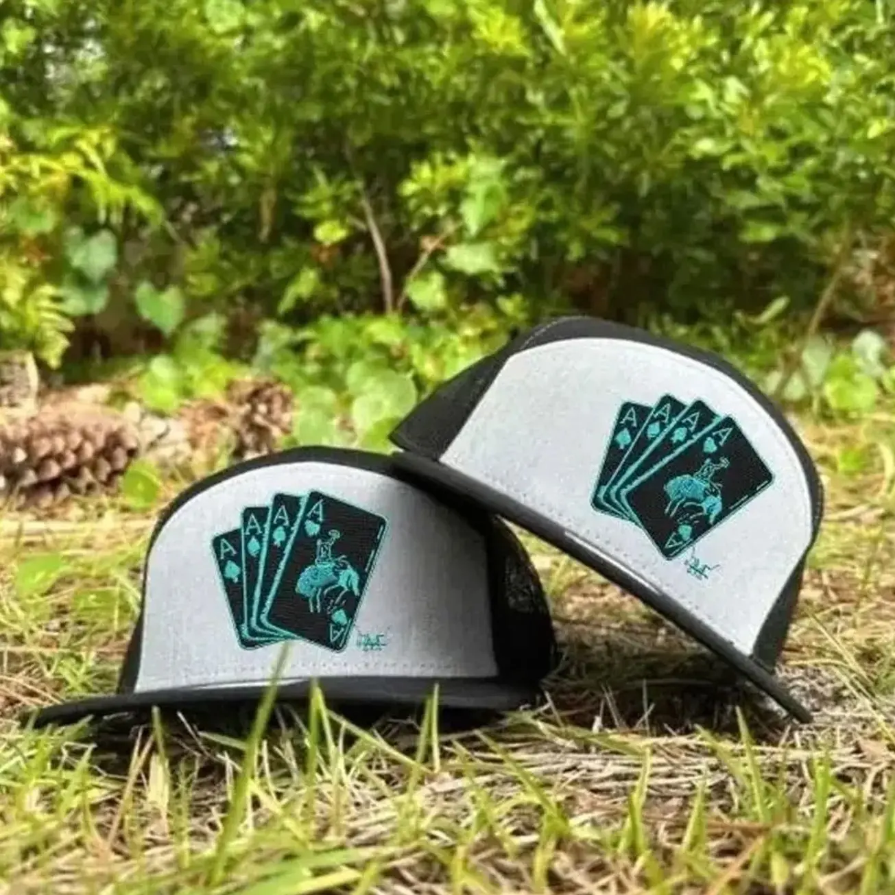 Turquoise Gambler Trucker Hat | Playing Cards Cowboy 7 Panel Hat | Ace Card Western Mesh Snapback Hat and Partying Vintage Gift For Him and Adjustable Fit for Men and Women