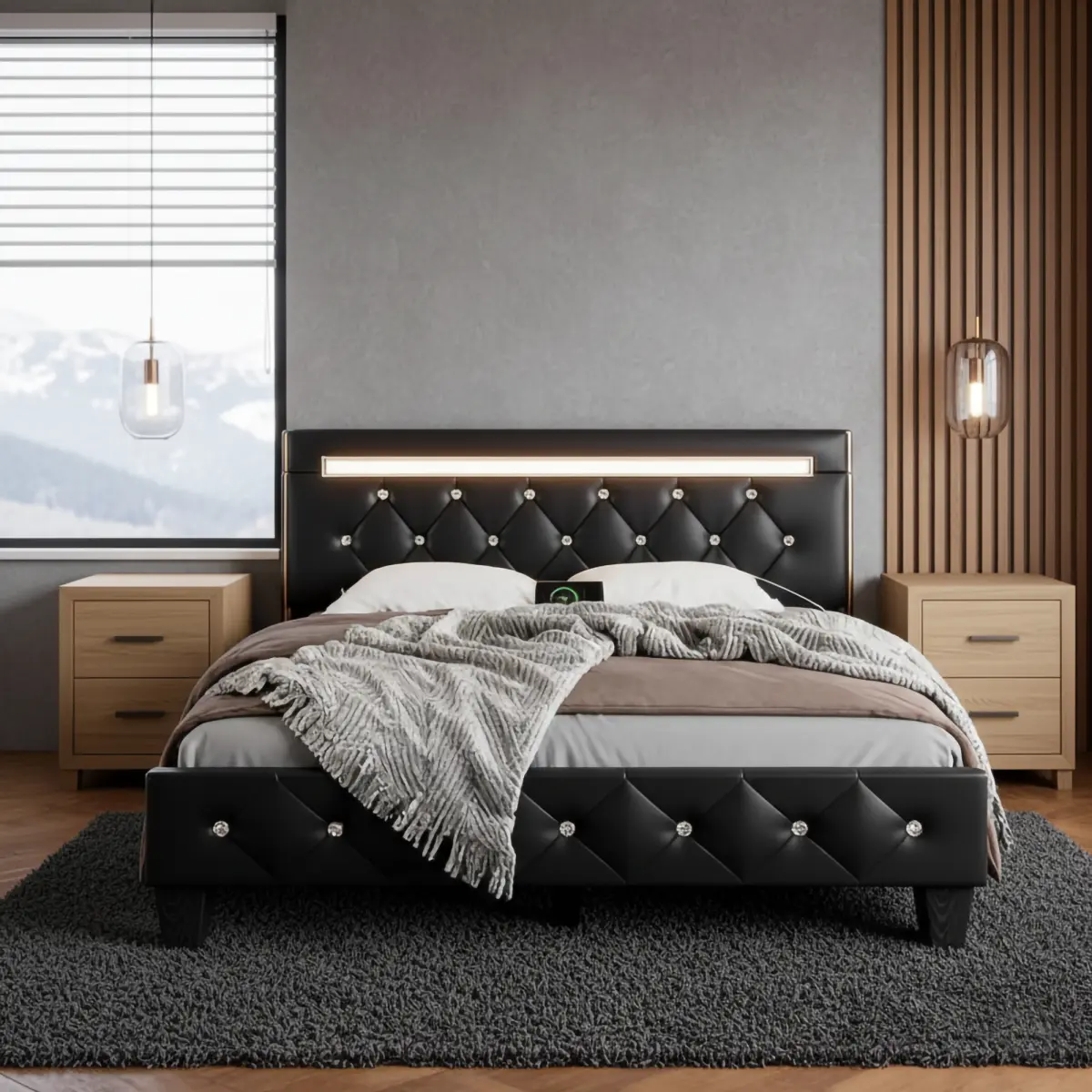 Black Queen Size Bed Frame - Faux Leather Upholstered Platform Bed with LED Light, Charging Station, 44.88-48.82 Inches Adjustable Headboard, Handcrafted Crystal Button Diamond Tufting, Solid Wooden Slats, No Box Spring Needed, Requires Assembly