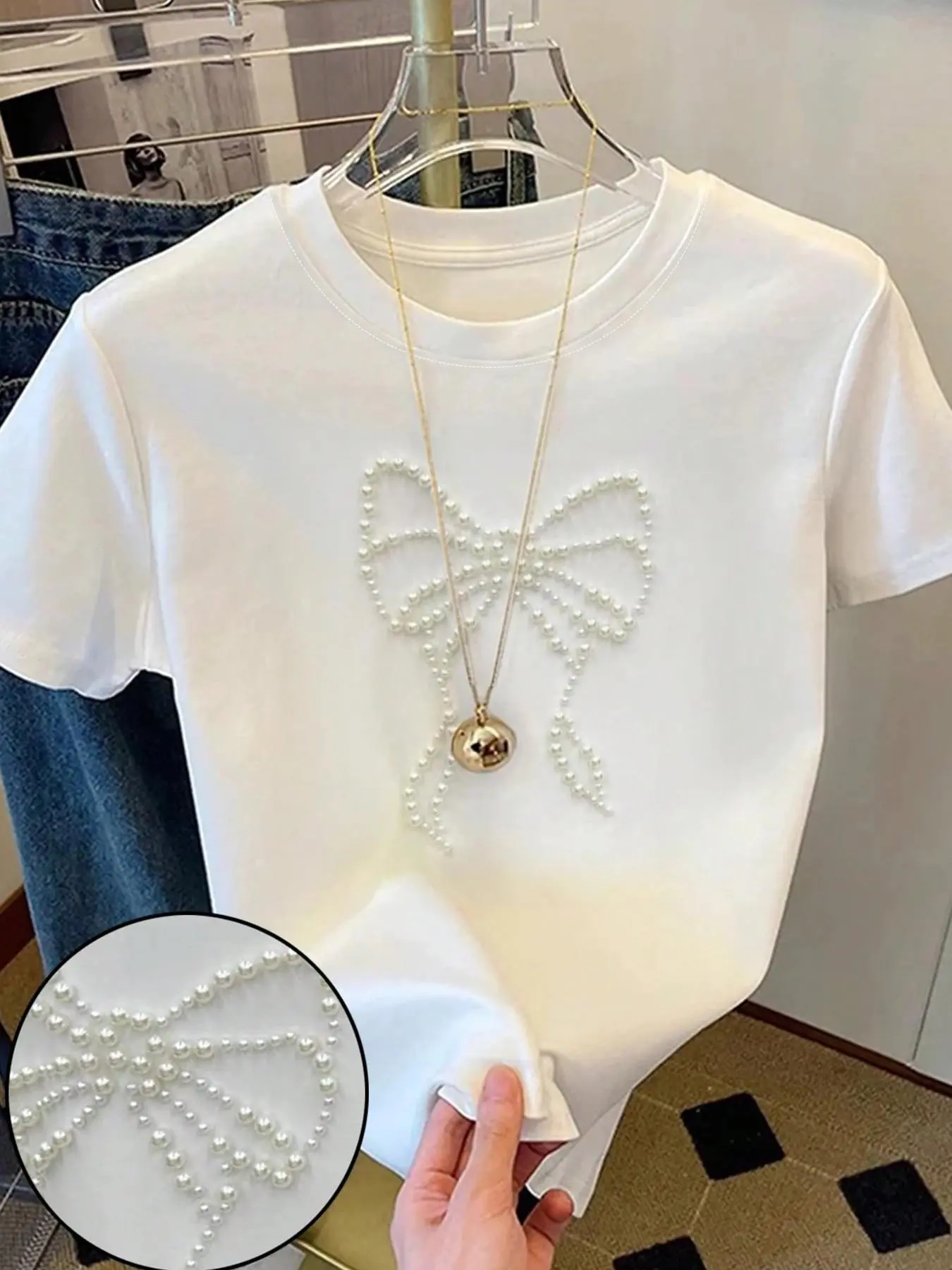 Women's Bowknot Design Round Neck Tee, Fashion Casual Basic Crew Neck Short Sleeve T-shirt for Daily Wear, Vacation and Outdoor Wear, Ladies Top for Summer, Elegance, Womenswear