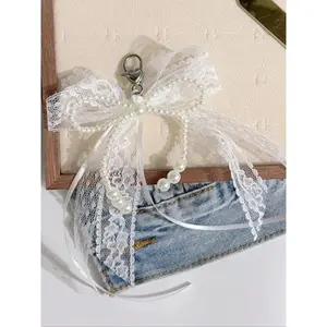 Elegant Korean Style Keychain Pendant, Light Color Ribbon Bow Design, Sweet Lace Bag Accessory, Perfect for Women & Girls, Keychain Kawaii