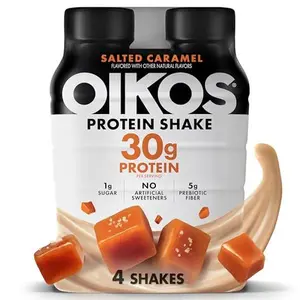 Oikos Protein Shake, Salted Caramel, 30g High Protein Drinks, Shelf Stable, Ready to Drink, 5g Prebiotic Fiber, 12 fl oz Bottle, 4 Count​