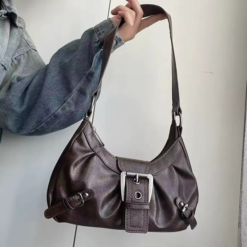 Brown Leather Shoulder Bag with Buckle Detailing - Cute & Trendy Clutch Style for Everyday Use #cute #trending