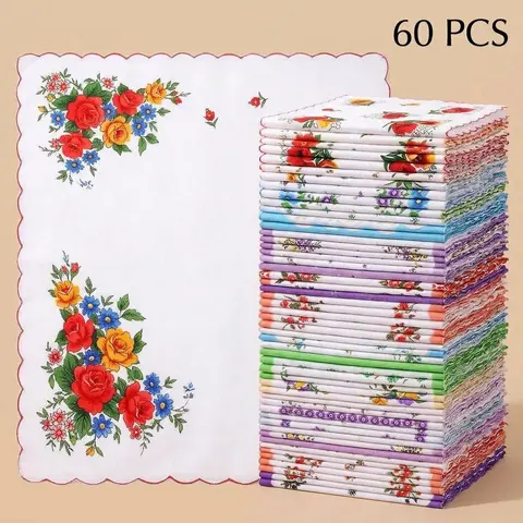 60Pcs Flowers Embroidered Handkerchief - Soft Cotton Floral Hankies for Women,Elegant Perfect Gift for Weddings, Crafts, Daily Use