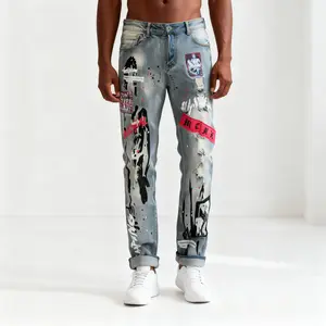 Men's Slim Fit Straight-Leg Distressed Jeans - Vintage Washed Denim with Embroidered Slogans & Patches, Stretch Comfort, Machine Washable, All-Season Streetwear Style Style-De Largent Jeans (Ice)-3128  old navy baggy jeans for men