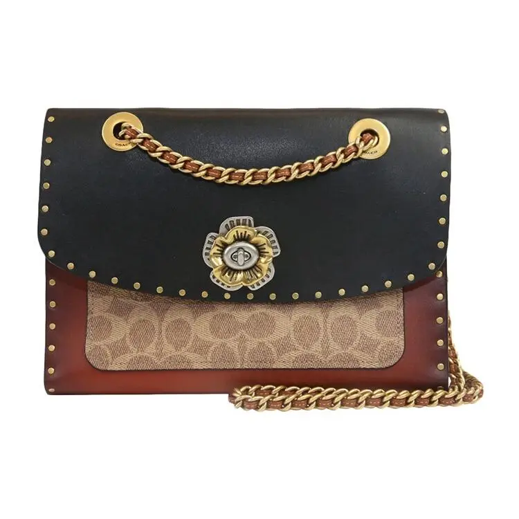 COACH Parker 26 Handbag for Women – Camellia-Printed PVC with Calfskin Trim, Stud-Embellished, Black and Burgundy