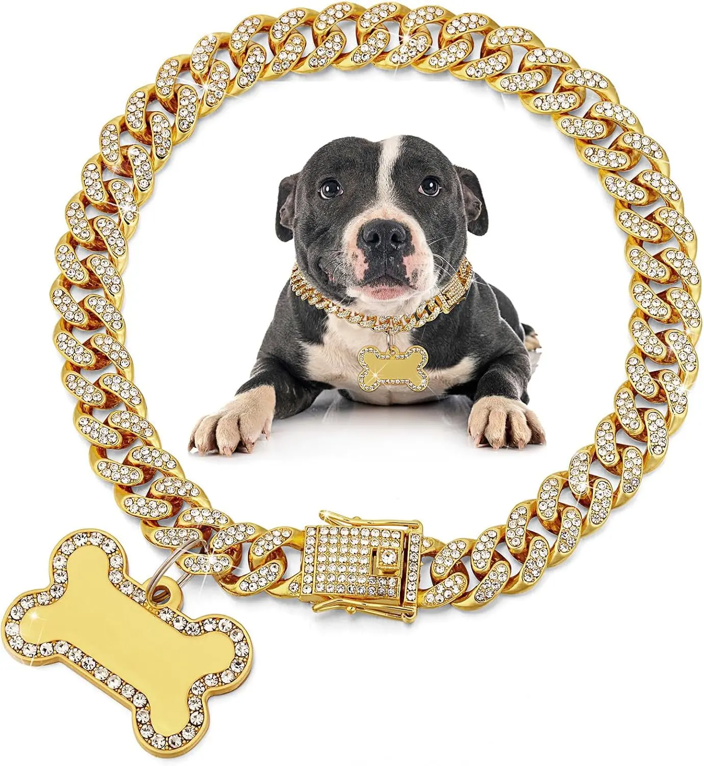 Gold Cuban Link Pet Collar with Secure Safety Breakaway Clasp, Stylish Metal Dog Cat Necklace, Trendy Pet Accessory for Small Medium Puppy Kitten Daily Walking crystal