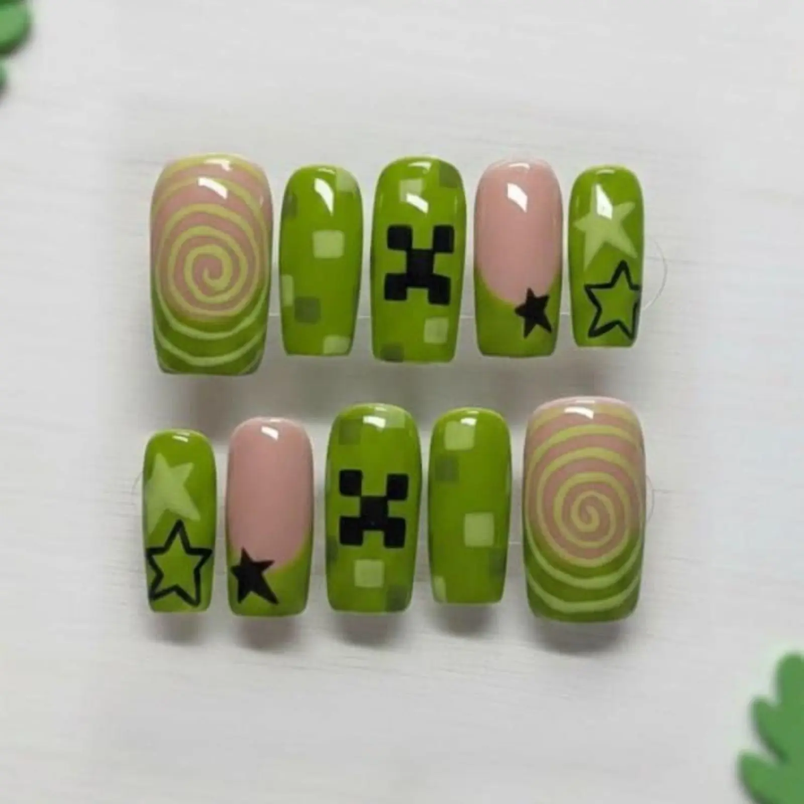 Gamer Girl Green Pixel Art Press On Nails, Cute Y2K Mine Green Craft Pixel Art Glossy Nails