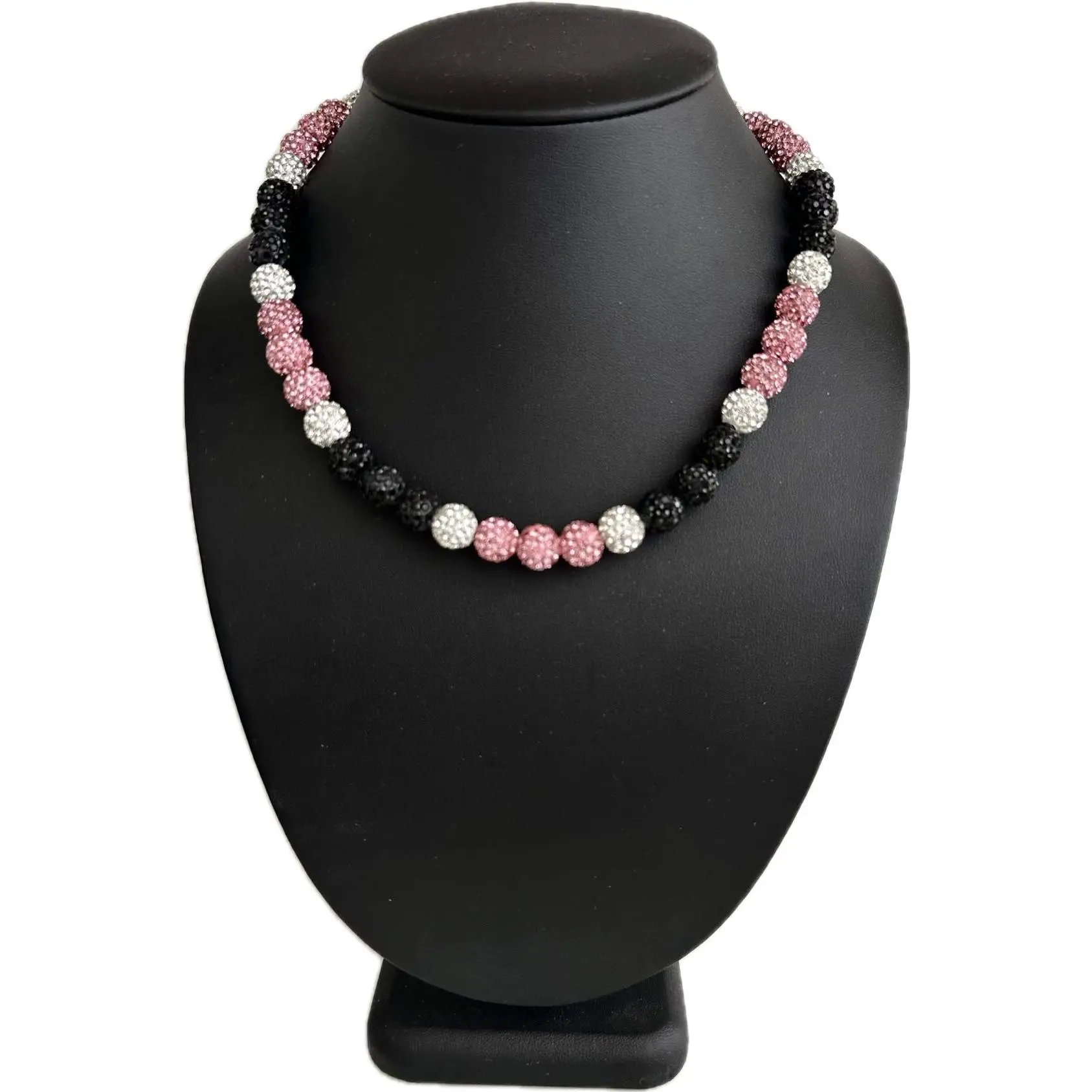 Iced Bling Disco Ball Rhinestone Crystal Bead Baseball Softball Necklace Pink Black