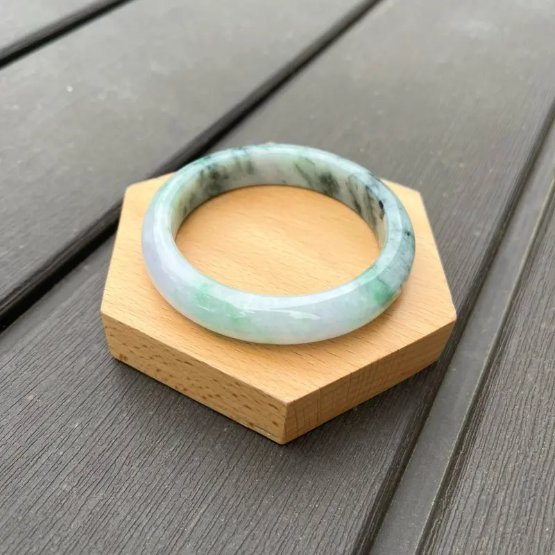 25048-L Certified Untreated Grade A Jade Bracelet - Round 56.3mm (Burmese Jadeite Bangle, White/Green Floral Pattern)