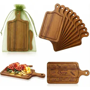 10 Pcs Mini Wooden Charcuterie Board Bulk, Small Wood Cutting Board for Crafts Laser Engraving with Knives Organza Bags Wedding Baby Shower Favors Gift (Square,Acacia Color)