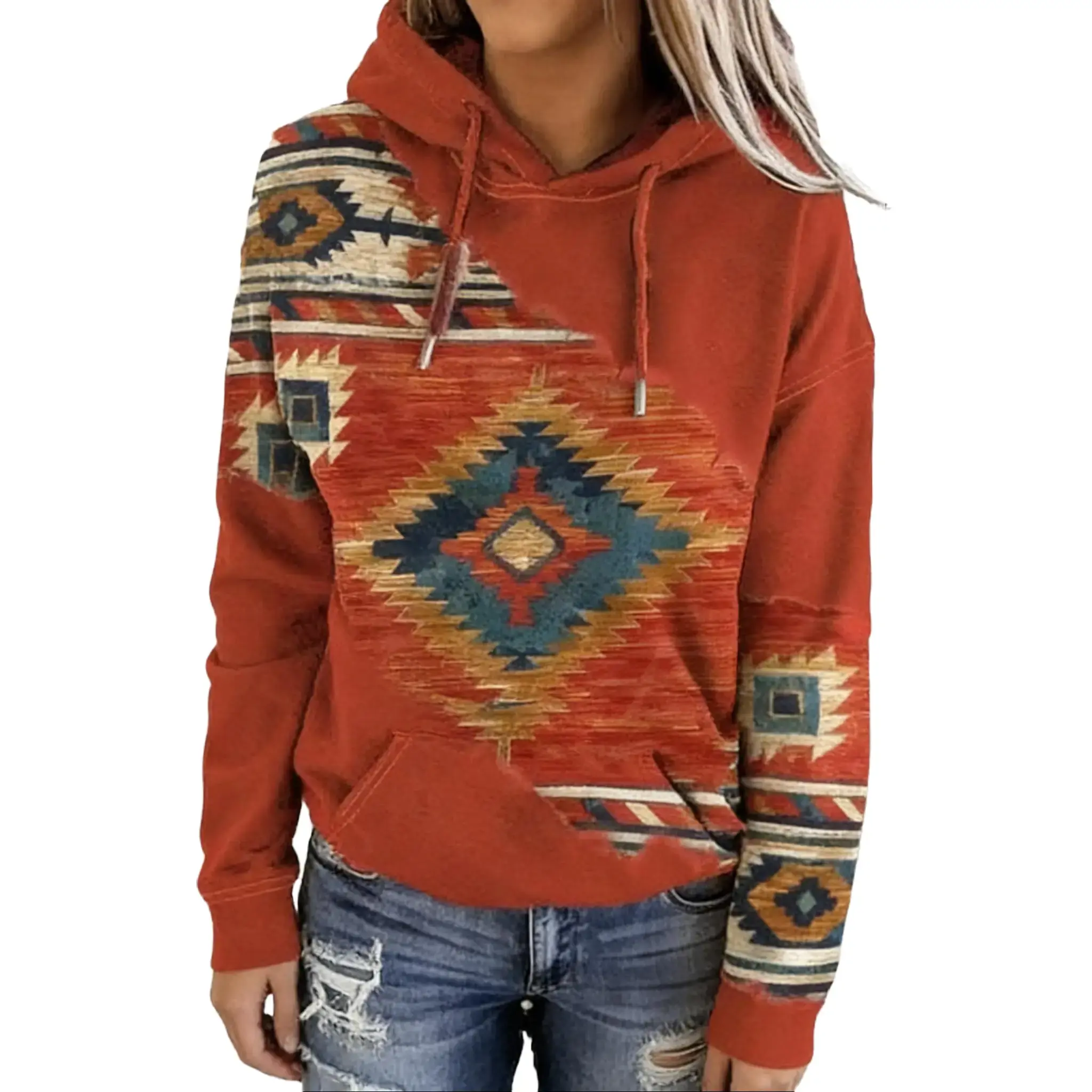 Women's Western Hoodies Retro Aztec Geometric Graphic Hoodie Pullover Sweatshirt,Relaxed Fit, Long Sleeve,Hooded Neck, Versatile Outerwear Top, Comfortable Casual Attire