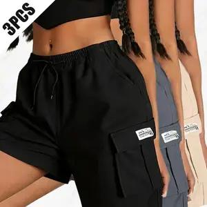 Pack of 3. Women’s summer cargo pants with an elastic waistband, side pockets, and a drawstring; durable, multi-pocket, breathable—ideal for outdoor activities and everyday wear.