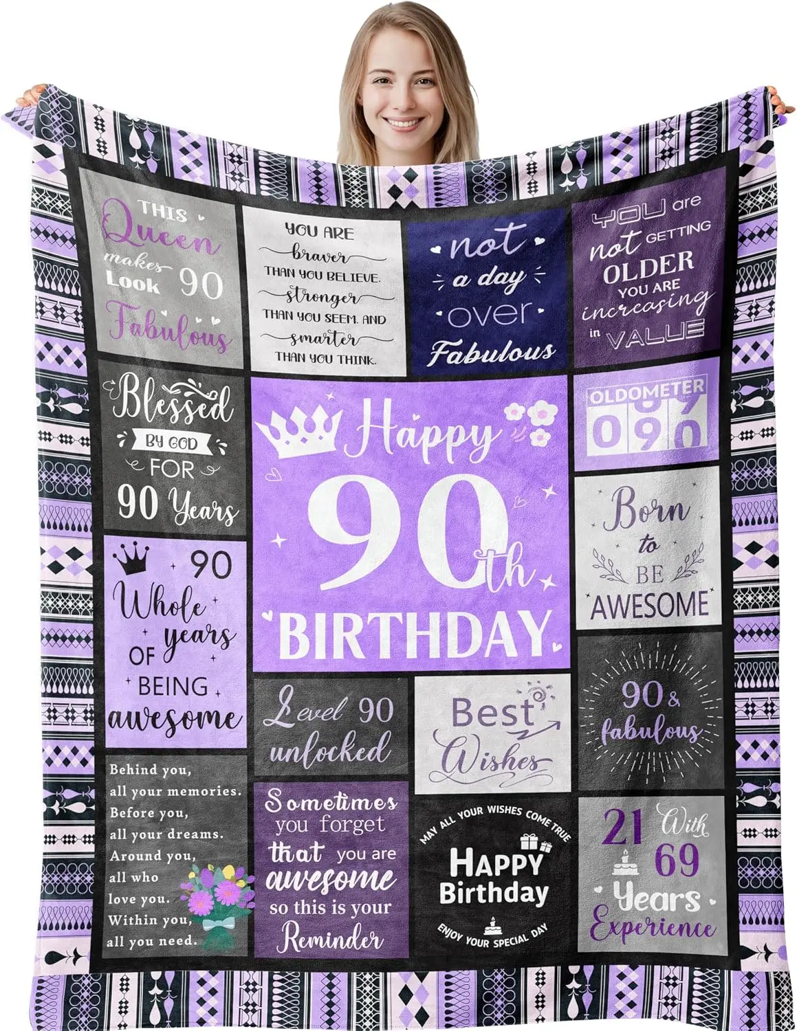 90th Birthday Gifts for Women Soft Purple Blanket, 90 Year Old Woman, Happy 90th Birthday Ideas Party Favors Decorations, 1935 Woman Present Throw