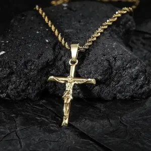 Stainless Steel Cross Necklace for Men Women, Gold Silver Christian Crucifix Texture Pendant Religious Jewelry Gift 18-30 Inches Chain