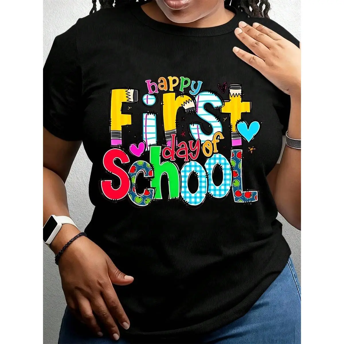 Women's Cotton Crew Neck Short-Sleeve T-Shirt - Fashion Fit, Graphic Back to School First Day Design, Comfortable Top for Student Gifts