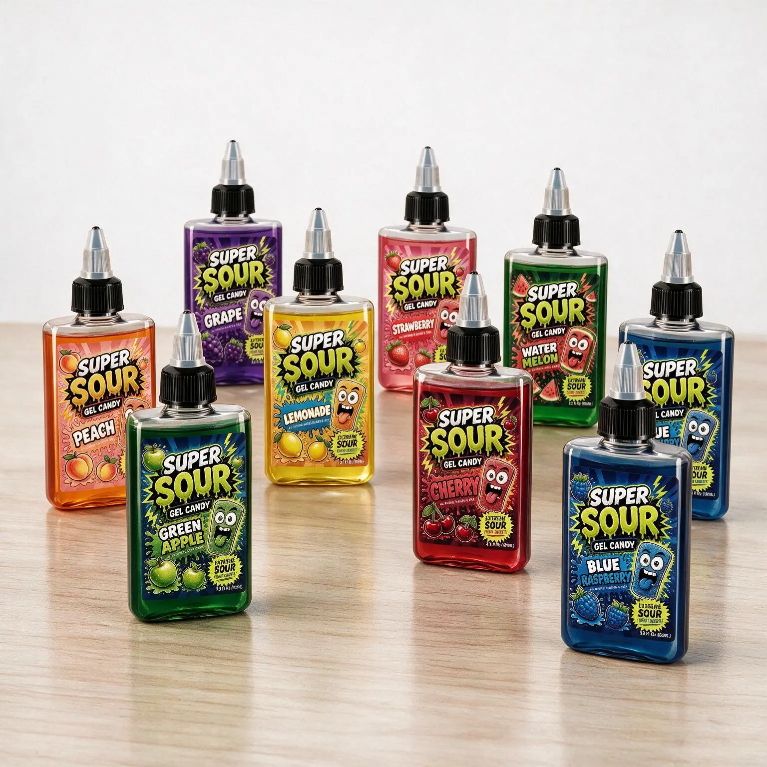 Super Sour Gel Candy - Extreme Sour Liquid Candy Gel, Fruity Candy in 8 Flavors - Blue Raspberry, Watermelon, Green Apple, Strawberry, Cherry, Lemonade, Grape & Peach