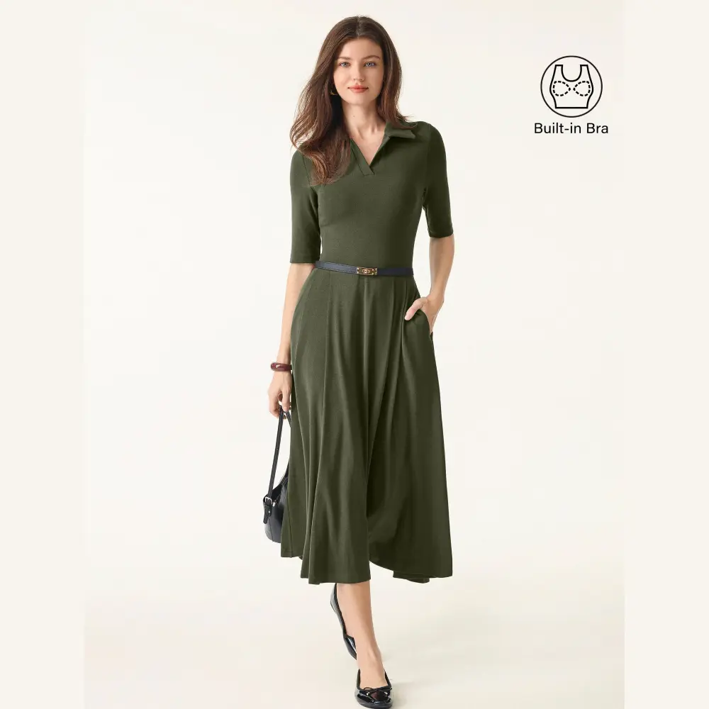 OGL Polo Neck Elbow Length Sleeve Midi Bra Dress with Pockets