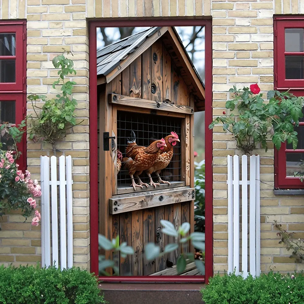 2pcs Warm Wooden Chicken Coop Wall Sticker CreativeStyle Home Decor Sticker Living Room Bedroom Kitchen Wall Decoration Waterproof Self Adhesive Removable Wall Sticker Farm Animal Theme Wall Decal Home