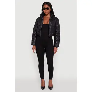 Cropped Faux Leather Puffer Jacket