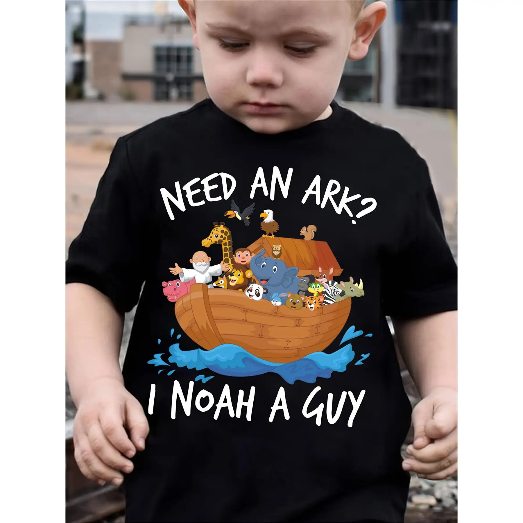[Youthful Spirit] Adorable "Need an Ark? I Noah a Guy" 3D Animal Print T-Shirt for Boys - Soft Cotton, Crew Neck, Short Sleeve - Ideal for Summer, Spr