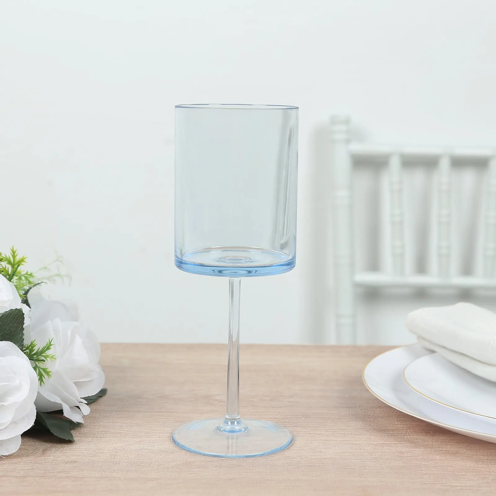 Dusty Blue 6-Pack Transparent Plastic Cylindrical Wine Glasses - 10oz Long Stem Drinking Glasses Set, Shatterproof Reusable Cocktail Drinkware for Parties
