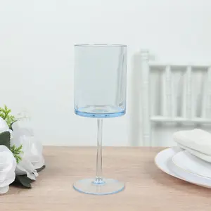 6-Pack Transparent Dusty Blue Plastic Cylindrical Wine Glasses 10oz, Long Stem - Shatterproof Reusable Cocktail Glasses