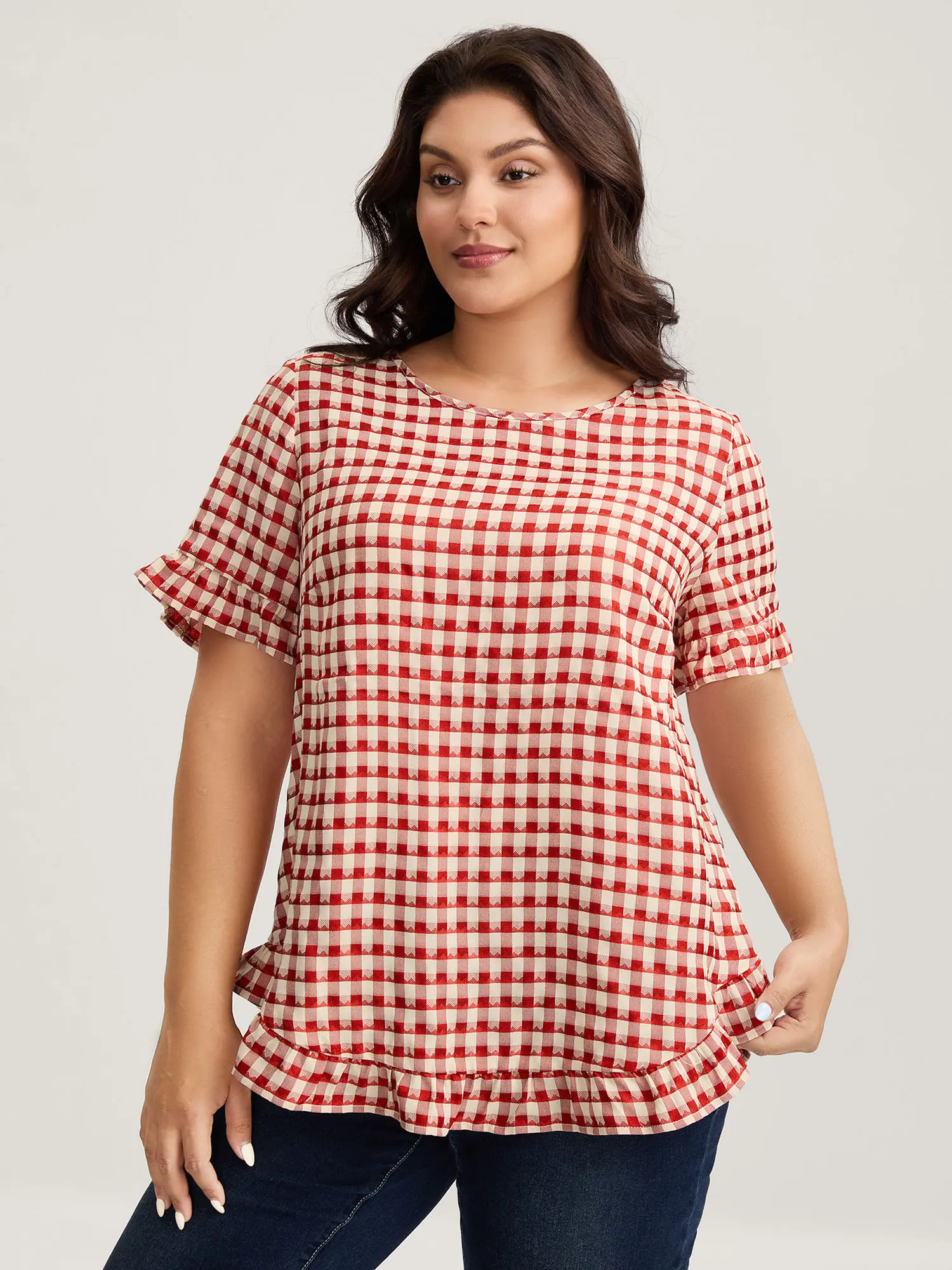 BloomChic Gingham Print Button Back Blouse 【M-6XL】 BloomChic Gingham Print Button Back Blouse 【M-6XL】
