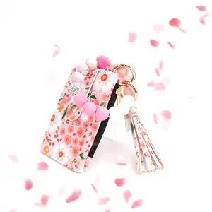 Boho Floral Leather Small Wallet with Wristlet & Keychain, Debit & Business Card Holder