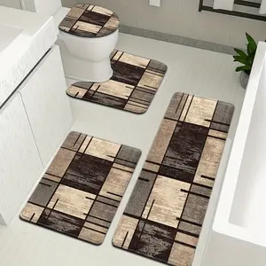 3/4 Piece Geometric Plaid Flannel Bathroom Rug Set, Non-Slip Soft Bath Mats, U-Shaped Toilet Mat, Washable Floor Mats for Bathroom, Bathtub & Vanity