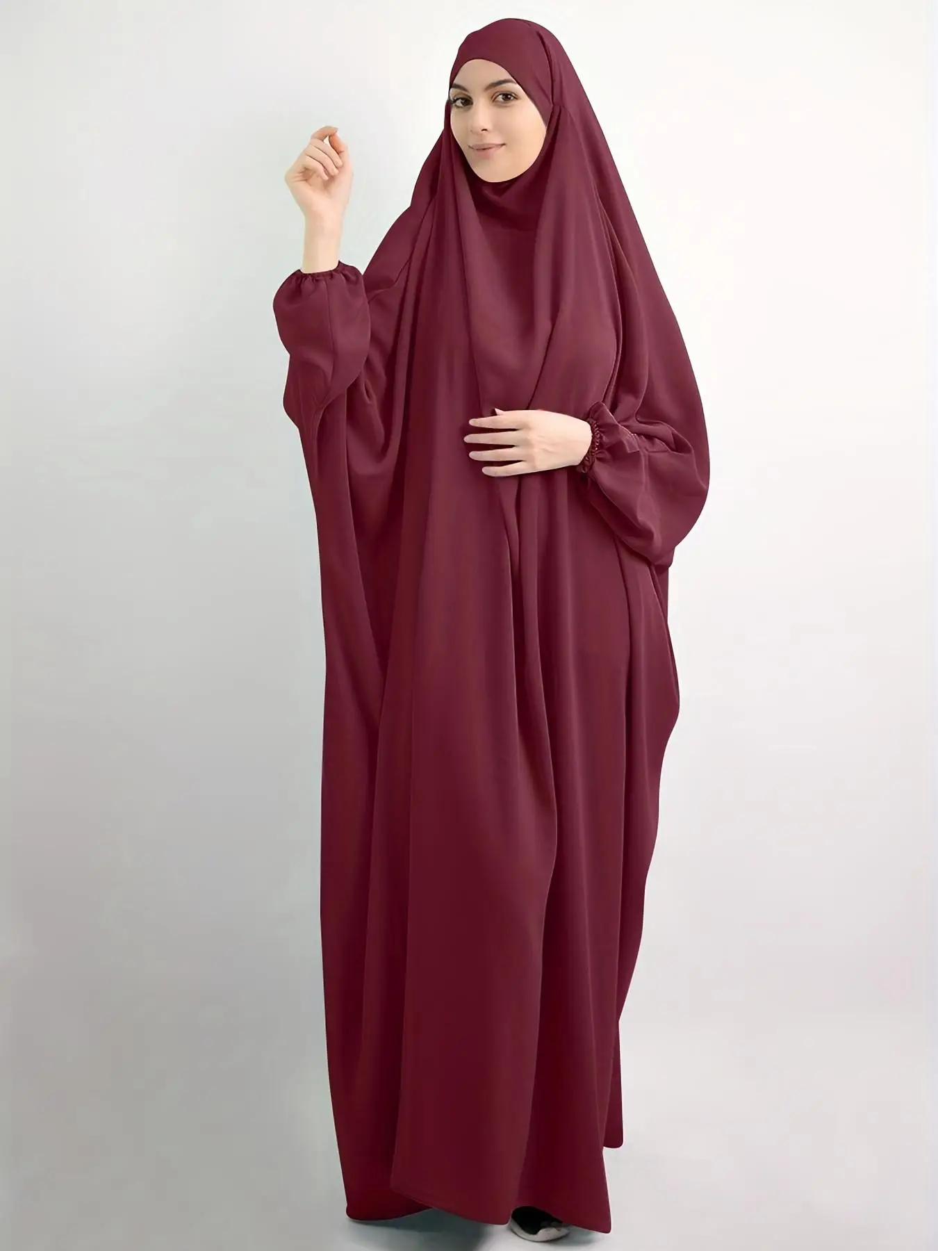 Women's Solid Knot Hooded Batwing Sleeve Kaftan, Modest Long Sleeve Dress for Daily Outdoor Wear, Women's Islamic Clothing for Spring & Fall