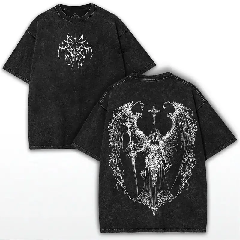 Menswear Retro Acid Wash Black Oversized Short-Sleeve Soft Cotton T-Shirt - Dark Gothic Angel Warrior Sword Print, Grunge Aesthetic Streetwear, Unisex Baggy Top with Double-Sided Skull & Wing Graphics, Shortsleeve, Multi-Size