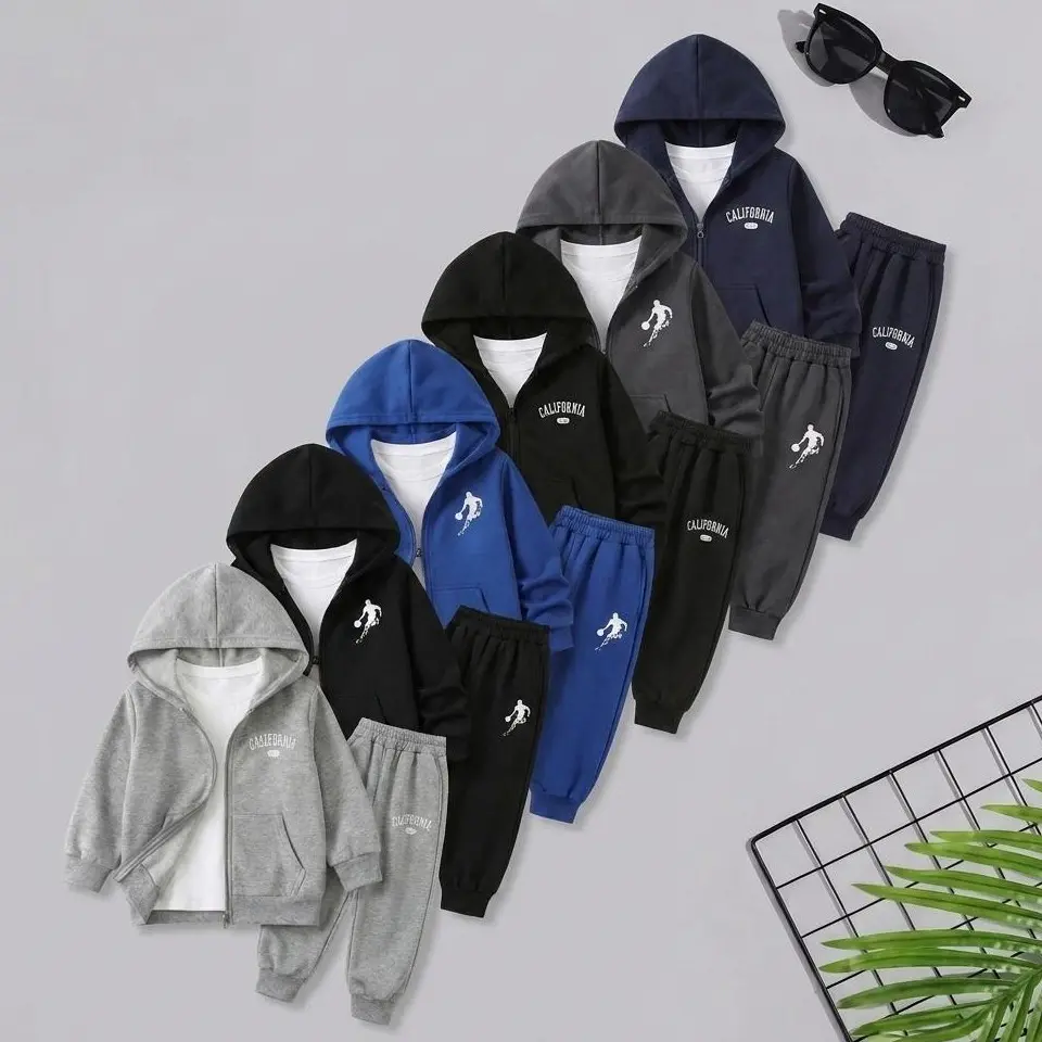 Boys' 2-Piece Printed Hooded Jacket & Pants Sweat Set - Athletic Knit Sports Clothing Outfit, Matching Set Outfit for Hiking, Autumn-Winter-Spring, Ages 4-12y (3-4y, 11-12y Incl.), Outfit Sets