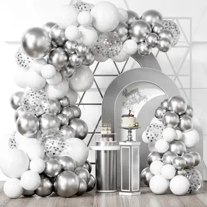White Silver Balloon Garland Kit,100Pcs White Silver Metallic Chrome and Silver Confetti Balloons with Balloon Tape