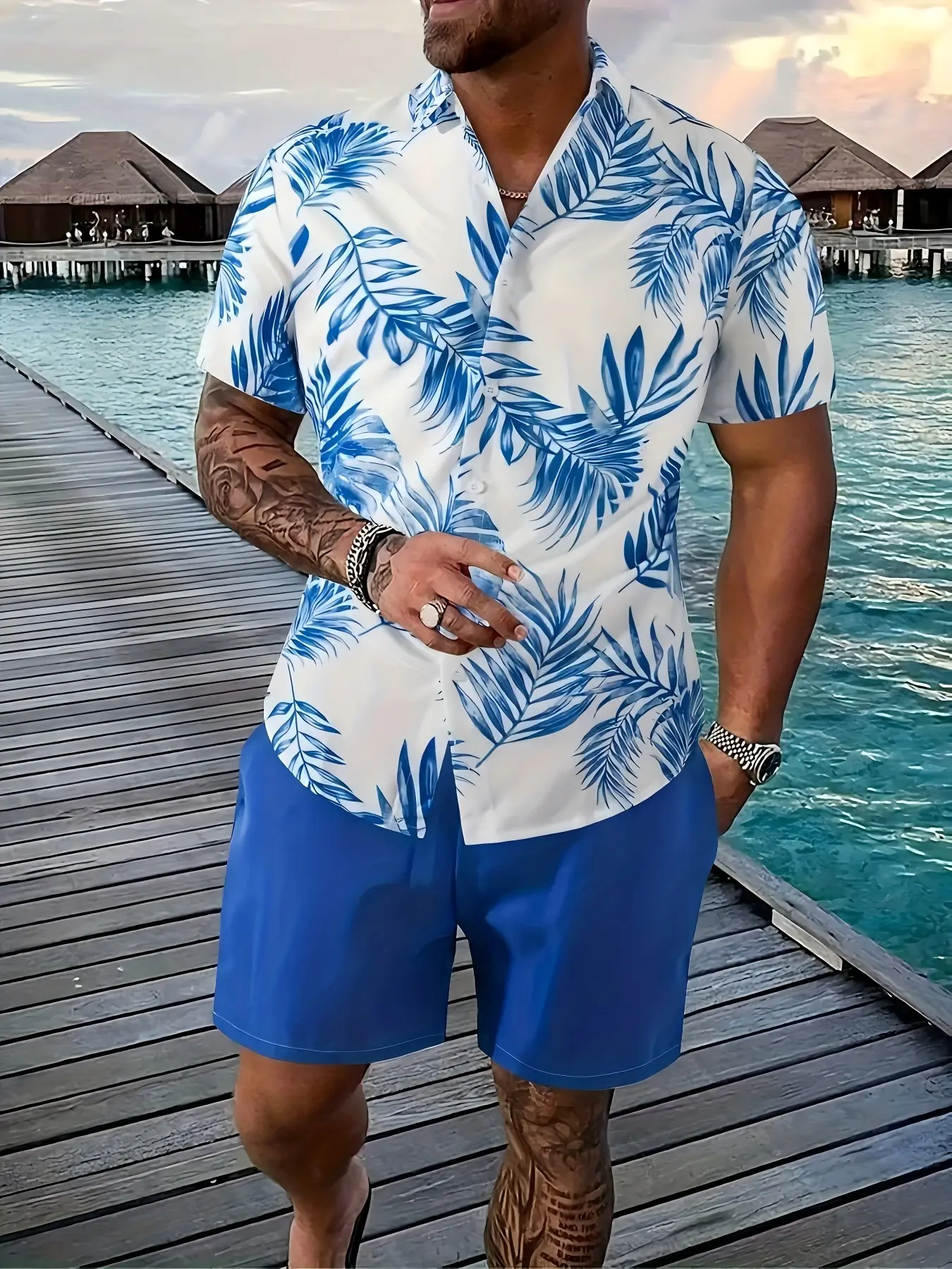 Men's Vacation Set, Summer Blue Design, Cool Feeling, Soft Material Shirt, Slim Fit, Above Knee Drawstring Shorts, Breathable, Beachwear, Casual (Recommend ordering one size up)