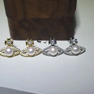 Silver Needle Freshwater Pearl Dan Peach Jewelry Queen Dowager Earrings Saturn Planet Earrings Explosive Pearl Jewelry