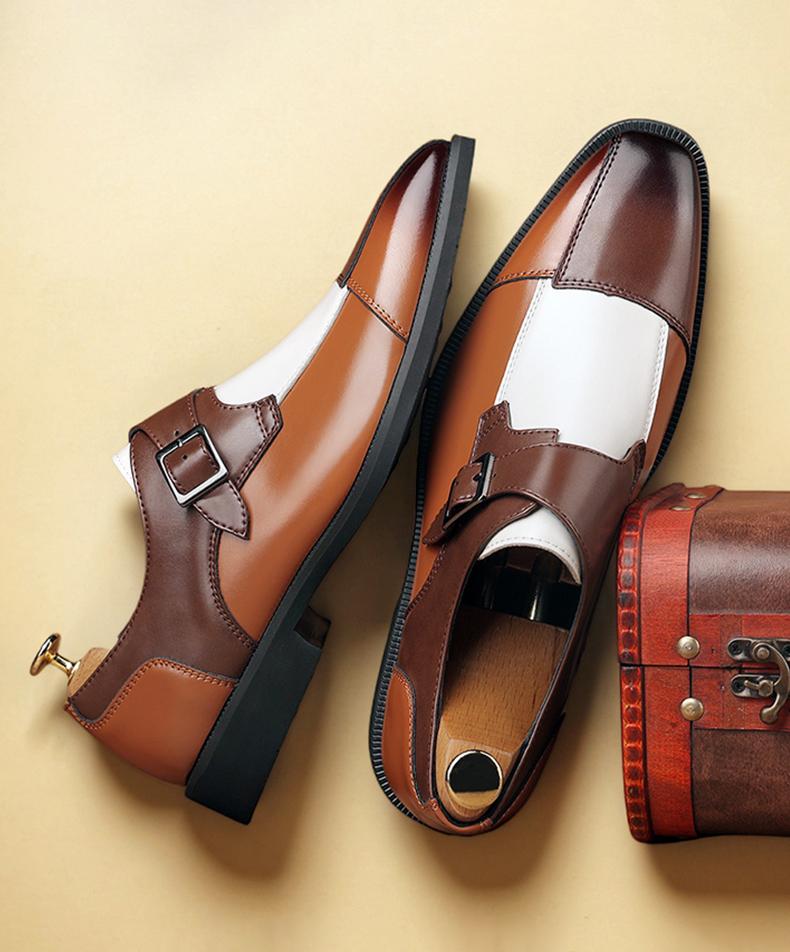 Men's Two-Tone Monk Strap Dress Shoes, Brown & White Formal Leather Shoes81960
