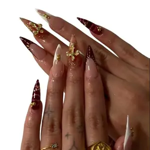 Gold Cross Gothic Press On Nails | Gothic Gold & Deep Burgundy Nail Art | Handmade Stiletto | Elegant Fake Nails