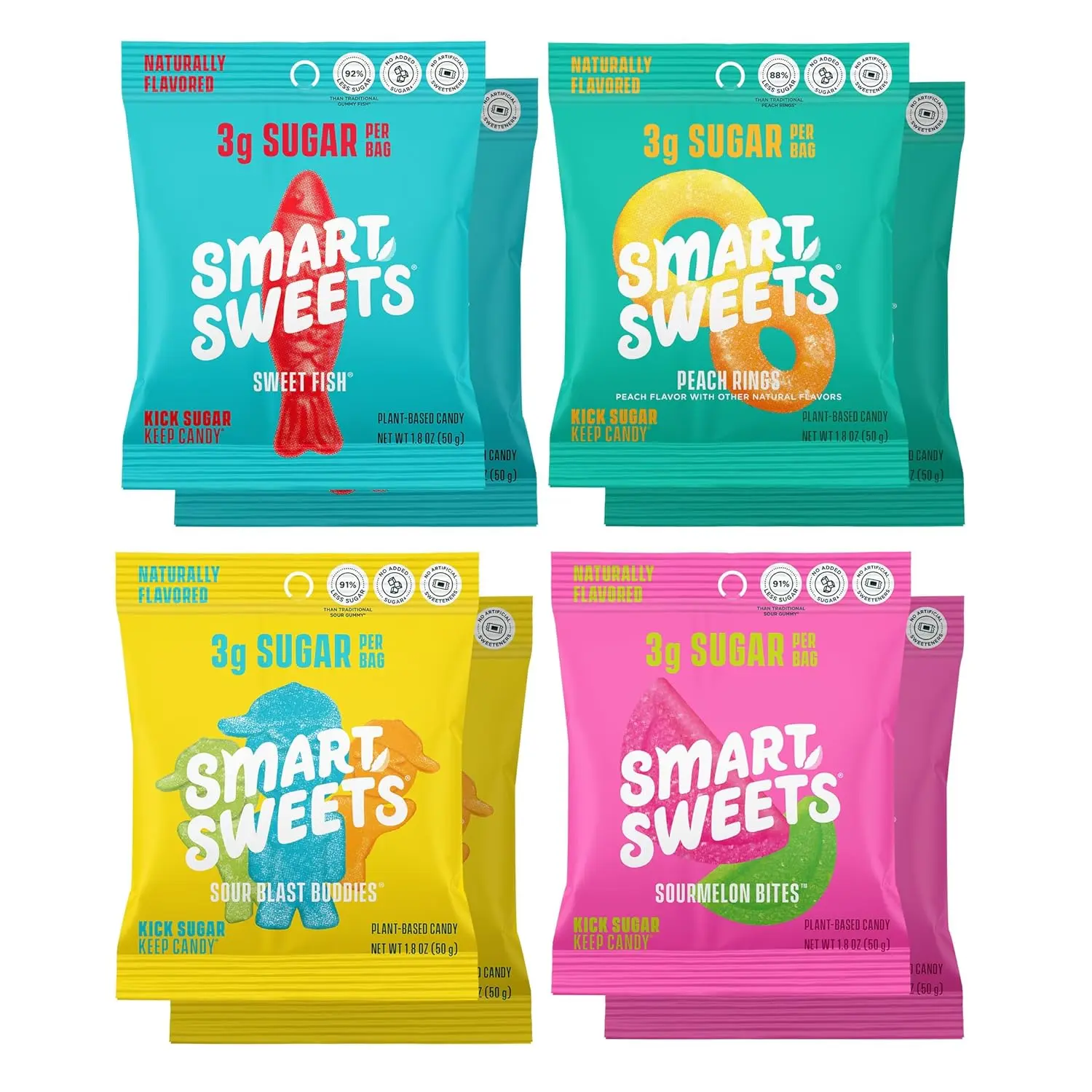 SmartSweets Variety Pack, Gluten Free Gummies, Plant Based Snacks for Adults & Kids, Chewy Candy, Low Sugar, Includes Sweet Fish, Sourmelon Bites, Peach Rings & Sour Blast Buddies, 50g Bags, 8 Pack Fruit