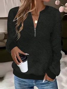 Women's Plain Fitted Half-Zip Lightweight Sweatshirt, Casual Ribbed Neck Long Sleeve Top, Comfortable Daily Wear for Fall & Winter, Womenswear, Lady