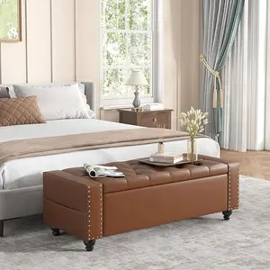 Vabches Storage Ottoman Bench, 49 Inch Bedroom Bench, Upholstered Ottoman with Storage, Entryway Bench with Tufted Button, Faux Leather Window Bench for Bedroom, Living Room, Entryway, Hallway