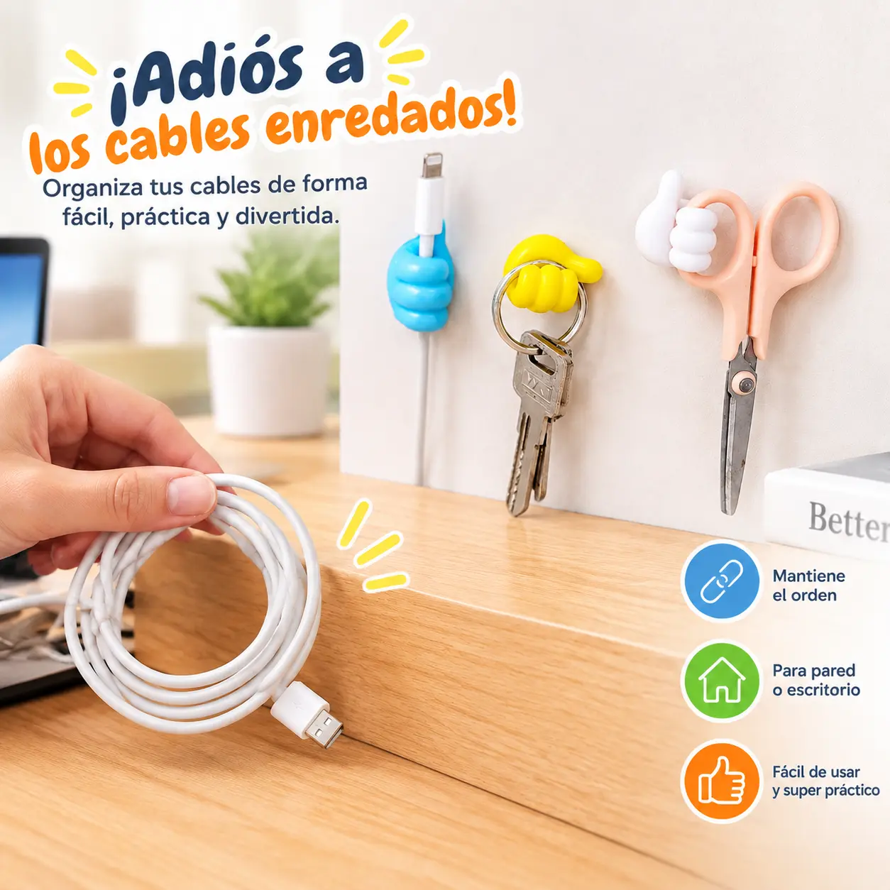 20 Pack Creative Thumbs Up Wall Hooks, Self-Adhesive Silicone Thumb Holders for Desk, Cute & Fun Cord Cable Clips, Multi-Function Wire Organizer for Keys, Pencils, Charging Cables
