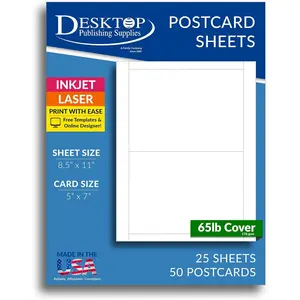 25 Sheets Printable 5x7 Postcards – 2 Per Page on 8.5x11 Cardstock – 50 Total Cards – Inkjet & Laser Compatible – 65lb White Matte Cardstock – Made in USA