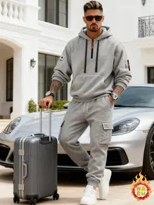 Men's Fleece Workwear Set, Hooded Sweatshirt + Sweatpants Two-Piece, Casual Fall & Winter, Warm for Commute/ootd