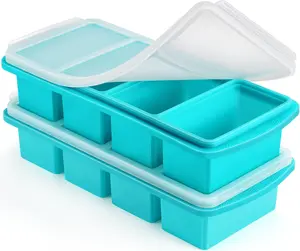 Silicone Freezer Tray with Lid - 1 Cup Silicone Food Freezer Tray - Large Ice Cube Freezer Molds - Soup, Sauce, leftovers, Homemade Meal Prep Freezing Kitchen Storage Containers - Aqua Color - 2 Pack Set