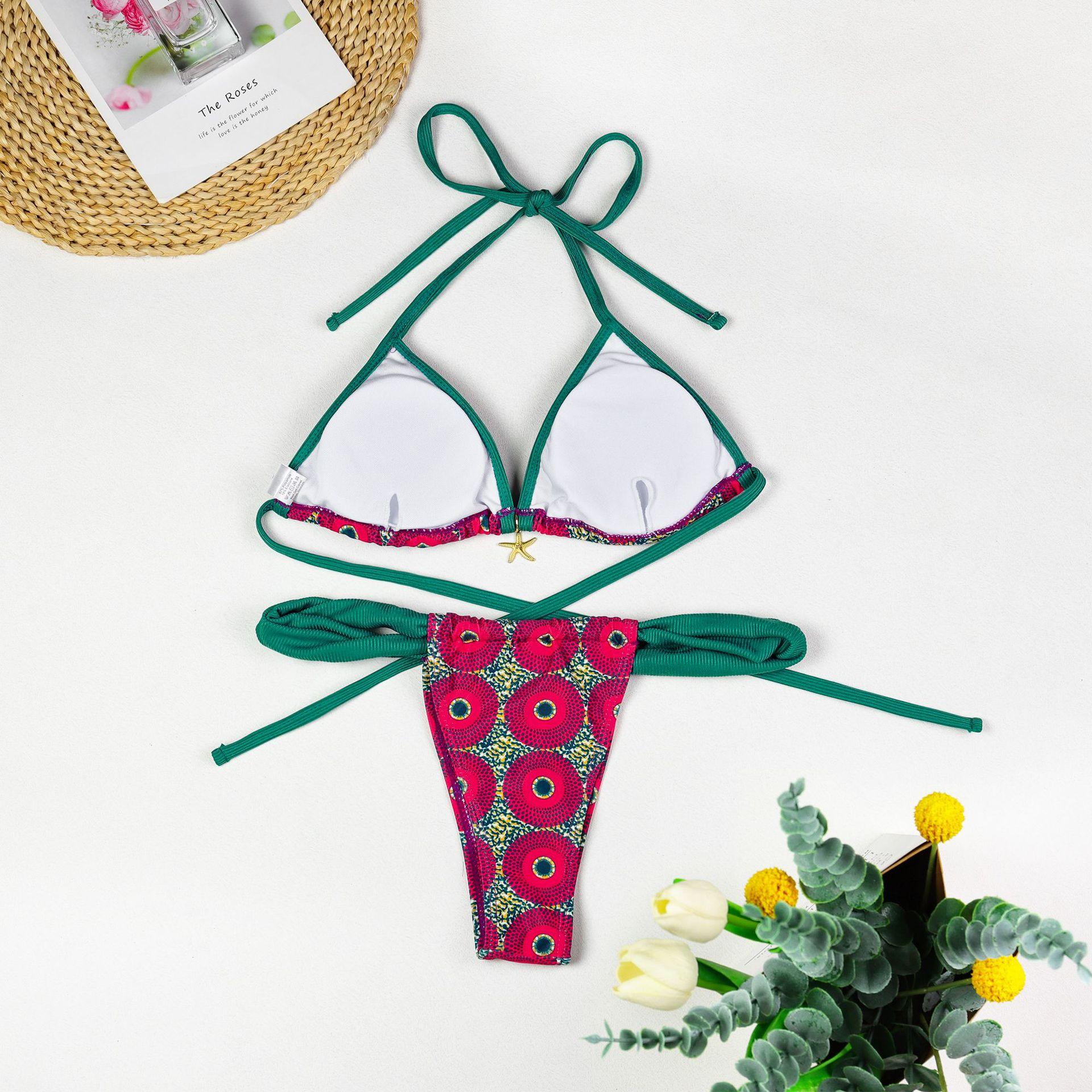 Print Separated Metal Swimwear Triangle Cup Bikini Swimsuit for Women