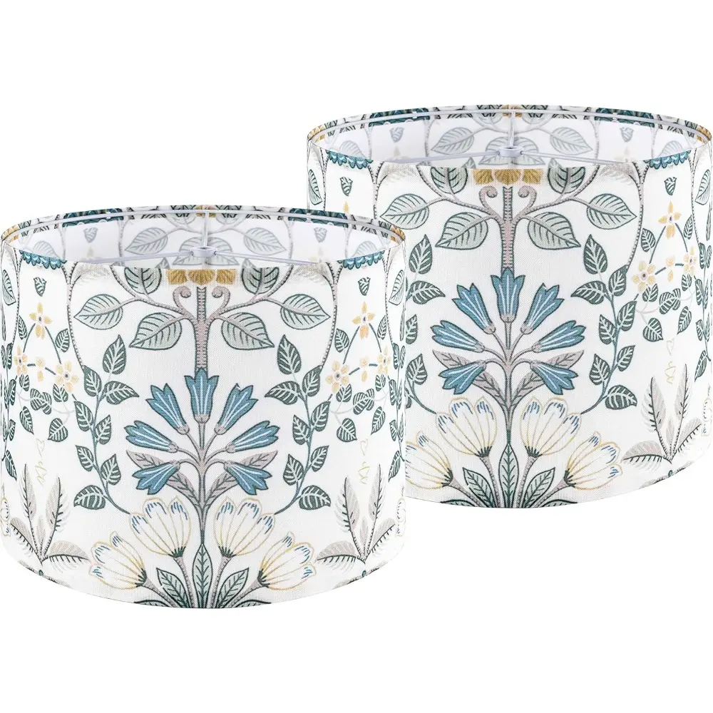 2pcs Medium Lampshade Polyester Fiber Printing Plants Drum Lamp Shade For Table Lamp,Floor Lamp,Diy Pendant Light,Wall Hanging,Spider Fitter 13 Top x 13 Bottom x 10 High, Assembly Required