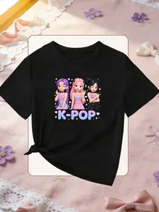 Summer Girls Round Neck Short Sleeve T-Shirt, Korean Style K-Pop Idol Cartoon Print, Sweet Cute Casual Bottom Tee, Comfortable Breathable Baby Half Sleeve, Graphic Fashion Tee, Cute Cartoon Clothes