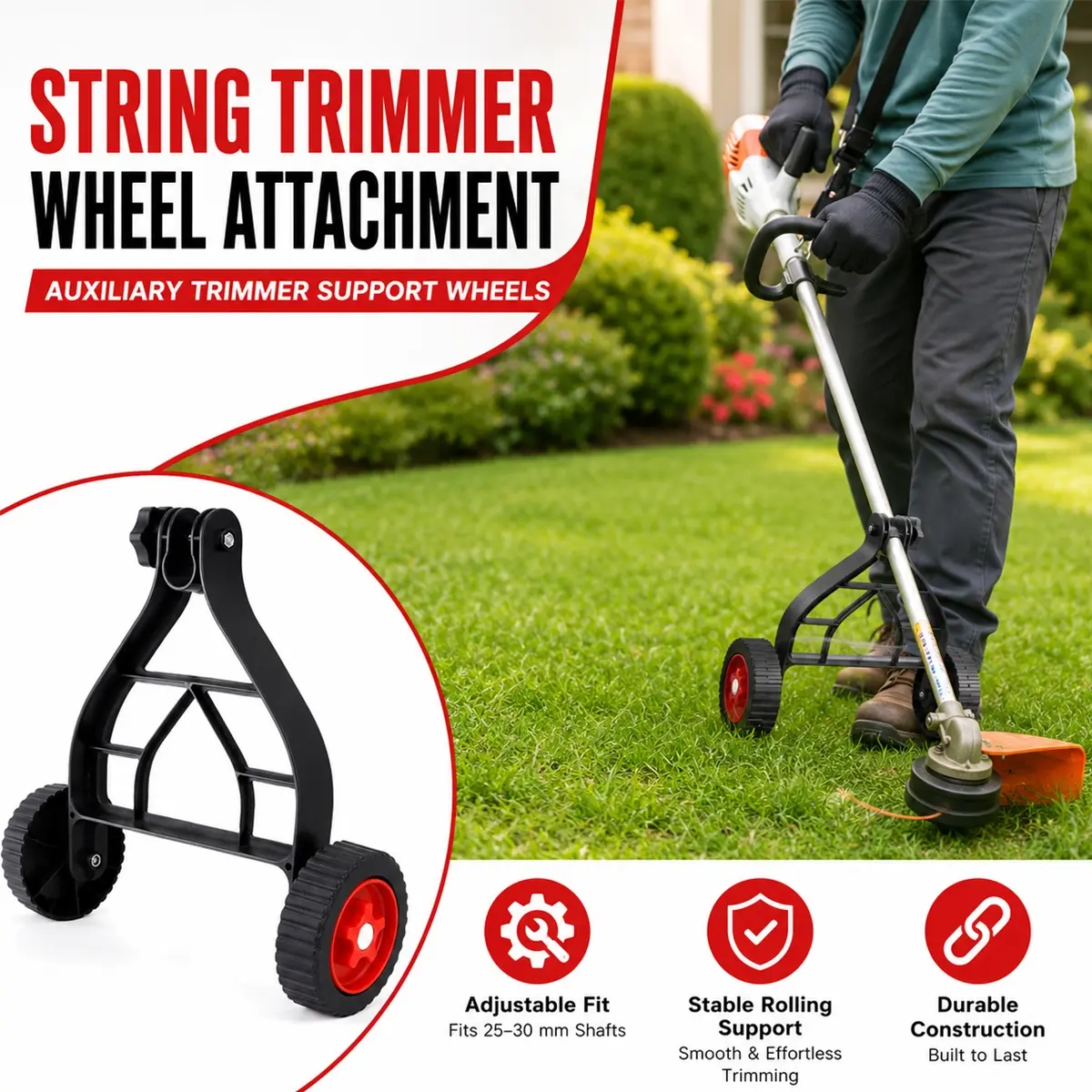String Trimmer Wheel Attachment, Auxiliary Trimmer Mower Support Wheels, Weed Eater Wheels, Lawn Mower Support Wheel Adjustable Weed Trimmer for Walk-Behind Brush Cutter,Metal Plastic Structure Adjustable Wheel Attachment for Weed Trimmer